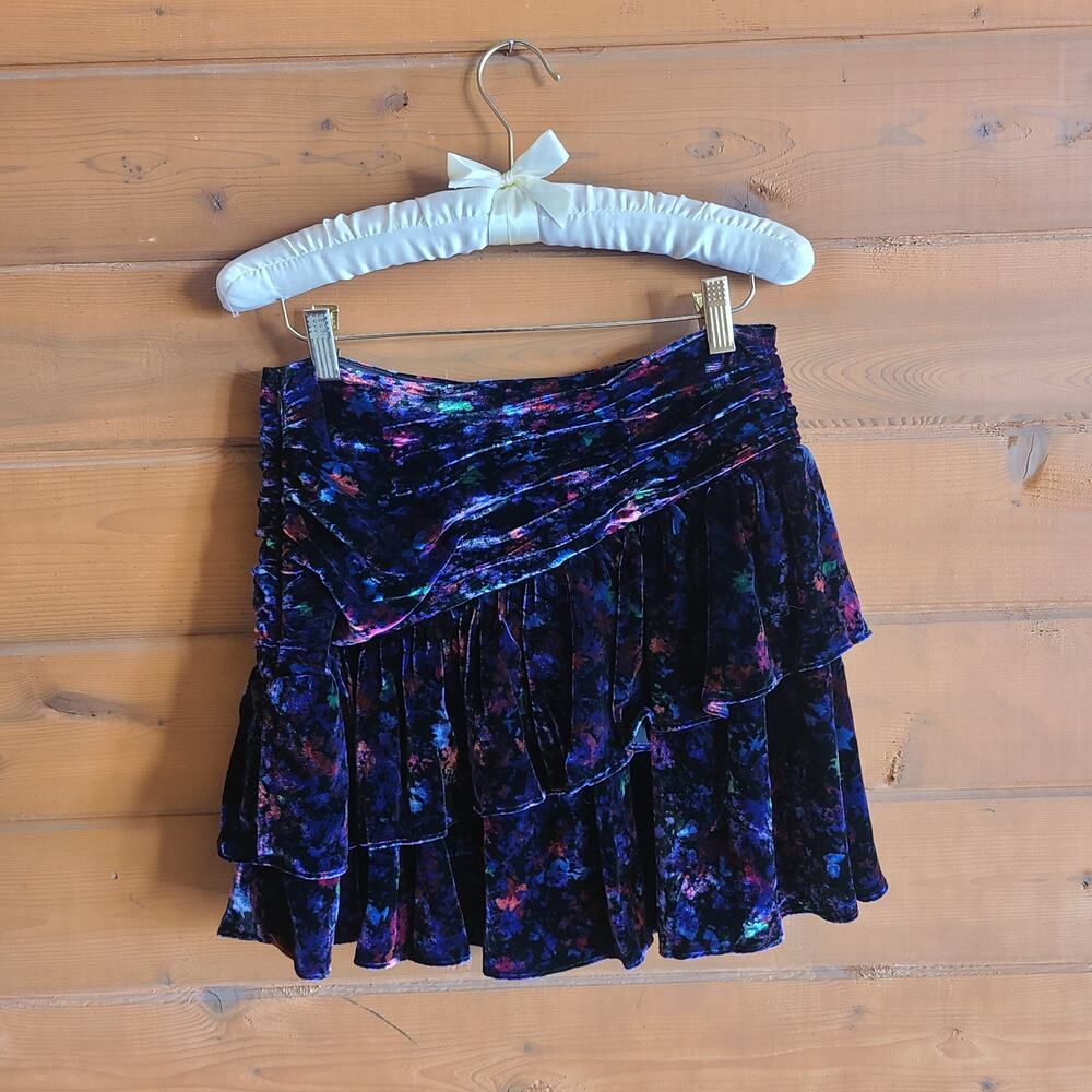 Ramy Brook Printed Malbec Skirt 4 Floral Multicolor Velvet Mini Ruffled Tiers - Picture 3 of 7